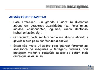 ARMÁRIOS DE GAVETAS Para armazenar um grande número de diferentes artigos em pequenas quantidades (ex. ferramentas, moldes, componentes, agulhas, rodas dentadas, instrumentação, etc.); O conteúdo pode ser facilmente visualizado abrindo a gaveta e esta pode ser fechada à chave; Estes são muito utilizados para guardar ferramentas, acessórios de máquinas e ferragens diversas, pois protegem melhor o conteúdo apesar de serem mais caros que as estantes.  PRODUTOS SÓLIDOS/LÍQUIDOS 