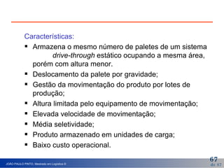 Características: Armazena o mesmo número de paletes de um sistema  drive-through  estático ocupando a mesma área, porém com altura menor. Deslocamento da palete por gravidade; Gestão da movimentação do produto por lotes de produção; Altura limitada pelo equipamento de movimentação; Elevada velocidade de movimentação; Média seletividade; Produto armazenado em unidades de carga; Baixo custo operacional. 