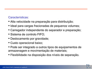 Características: Alta velocidade na preparação para distribuição; Ideal para cargas fracionadas de pequenos volumes; Carregador independente do separador e preparação; Sistema de controlo FIFO; Deslocamento por gravidade; Custo operacional baixo; Pode ser integrado a outros tipos de equipamentos de armazenagem e movimentação de materiais; Flexibilidade na disposição dos níveis de separação. 