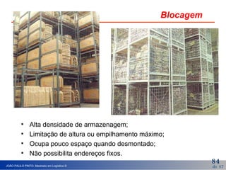 Blocagem Alta densidade de armazenagem; Limitação de altura ou empilhamento máximo; Ocupa pouco espaço quando desmontado; Não possibilita endereços fixos. 