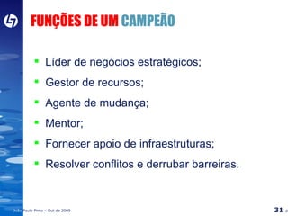 FUNÇÕES DE UM  CAMPEÃO Líder de negócios estratégicos; Gestor de recursos; Agente de mudança; Mentor; Fornecer apoio de infraestruturas; Resolver conflitos e derrubar barreiras. 