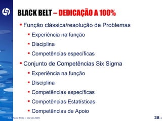 BLACK BELT  – DEDICAÇÃO A 100% Função clássica/resolução de Problemas Experiência na função Disciplina Competências específicas Conjunto de Competências Six Sigma Experiência na função Disciplina Competências específicas Competências Estatísticas Competências de Apoio 