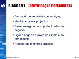 BLACK BELT  – IDENTIFICAÇÃO E DESCOBERTA Descobrir novas ofertas de serviços; Identificar novos projectos; Fazer emergir novas oportunidades de negócio; Ligar o negócio através do cliente e do fornecedor; Procurar as melhores práticas. 