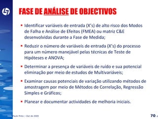 FASE DE  ANÁLISE  DE OBJECTIVOS Identificar variáveis de entrada (X’s) de alto risco dos Modos de Falha e Análise de Efeitos (FMEA) ou matriz C&E desenvolvidas durante a Fase de Medida; Reduzir o número de variáveis de entrada (X’s) do processo para um número manejável pelas técnicas de Teste de Hipóteses e ANOVA; Determinar a presença de variáveis de ruído e sua potencial eliminação por meio de estudos de Multivariáveis; Examinar causas potenciais de variação utilizando métodos de amostragem por meio de Métodos de Correlação, Regressão Simples e Gráficos; Planear e documentar actividades de melhoria iniciais. 
