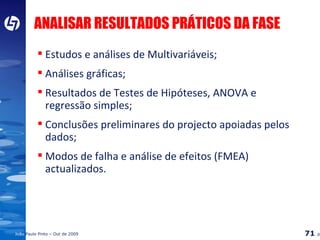 ANALISAR RESULTADOS PRÁTICOS DA FASE Estudos e análises de Multivariáveis; Análises gráficas; Resultados de Testes de Hipóteses, ANOVA e regressão simples; Conclusões preliminares do projecto apoiadas pelos dados; Modos de falha e análise de efeitos (FMEA) actualizados. 