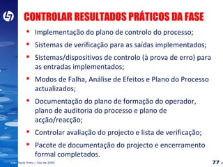 CONTROLAR RESULTADOS PRÁTICOS DA FASE Implementação do plano de controlo do processo; Sistemas de verificação para as saídas implementados; Sistemas/dispositivos de controlo (à prova de erro) para as entradas implementados; Modos de Falha, Análise de Efeitos e Plano do Processo actualizados; Documentação do plano de formação do operador, plano de auditoria do processo e plano de acção/reacção; Controlar avaliação do projecto e lista de verificação; Pacote de documentação do projecto e encerramento formal completados. 