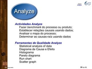 Actividades Analyze Fazer  benchmark  do processo ou produto; Establecer relações causais usando dados; Analisar o mapa do processo; Determinar as causas-raíz usando dados Ferramentas de Qualidade Analyze Statistical analysis of data Diagrama de Causa e Efeito Histograma Pareto diagrama Run chart Scatter graph DMAIC  Analyze 