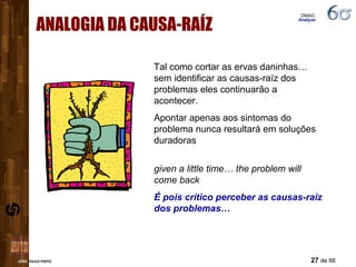 ANALOGIA DA CAUSA-RAÍZ Tal como cortar as ervas daninhas… sem identificar as causas-raíz dos problemas eles continuarão a acontecer. Apontar apenas aos sintomas do problema nunca resultará em soluções duradoras  given a little time… the problem will come back É pois crítico perceber as causas-raiz dos problemas… DMAIC  Analyze 