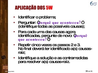 APLICAÇÃO DOS  5W Identificar o problema; Perguntar: “ porquê que aconteceu? ” (identifique todas as possíveis causas); Para cada uma das causas agora identificadas, pergunte de novo: “ porquê que aconteceu? ”; Repetir cinco vezes os passos 2 e 3.  No final deverá ter identificado a(s) causas-raiz; Identifique a solução e as contramedidas para resolver a(s) causas-raíz. 