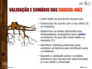 VALIDAÇÃO E SUMÁRIO DAS  CAUSAS-RAÍZ Listar todas as prováveis causas-raíz; Ordena-las de acordo com o seu efeito (% ou impacto); Determinar os testes adicionais e/ou manipulações necessários para  validar  os factores (X) que têm maior efeito na resposta (Y); Identificar métodos potenciais para controlar os factores que contribuem para o problema; Quando a validação estiver completa, sumarizar a(s) casuas-raíz seleccionadas e o seu efeito e dimensão. DMAIC  Analyze 
