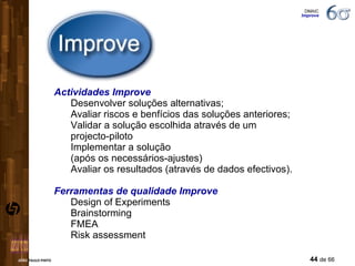 Actividades Improve Desenvolver soluções alternativas; Avaliar riscos e benfícios das soluções anteriores; Validar a solução escolhida através de um    projecto-piloto Implementar a solução    (após os necessários-ajustes) Avaliar os resultados (através de dados efectivos). Ferramentas de qualidade Improve Design of Experiments Brainstorming FMEA Risk assessment DMAIC  Improve 