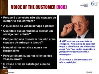 VOICE OF THE CUSTOMER ( VOC ) A VOC está por norma cheia de emoções.  Nós temos de perceber o que o cliente nos diz, traduzindo a sua “voz” em dados concretos e perceber verdadeiramente a mensagem… É claro que o cliente espera de nós a perfeição! DMAIC Methodology  Define Porque é que vocês não são capazes de cumprir o que afirmam? A qualidade do vosso serviço é pobre! Quando é que aprendem a prestar um serviço com atitude? Porque não nos disseram que não eram capazes de entregar a tempo? Mandei vários emails e nunca me respondem! Porque tentam culpar os clientes dos vossos erros? O vosso nível de satisfação é muito baixo! 