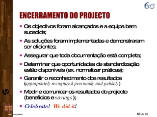 ENCERRAMENTO DO PROJECTO Os objectivos foram alcançados e a equipa bem sucedida; As soluções foram implementadas e demonstraram ser eficientes; Assegurar que toda documentação está completa; Determinar que oportunidades de standardização estão disponíveis (ex. normalizar práticas); Garantir o reconhecimento dos resultados ( appropriately recognized personally and publicly ) Medir e comunicar os resultados do projecto (beneficios e  savings ); Celebrate!  We did it ! 