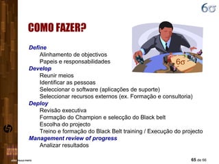 COMO FAZER? Define Alinhamento de objectivos Papeis e responsabilidades Develop Reunir meios Identificar as pessoas Seleccionar o software (aplicações de suporte) Seleccionar recursos externos (ex. Formação e consultoria) Deploy Revisão executiva Formação do Champion e selecção do Black belt Escolha do projecto Treino e formação do Black Belt training / Execução do projecto Management review of progress Analizar resultados 6  