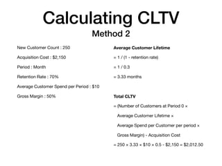 Calculating CLTV
Method 2
Average Customer Lifetime

= 1 / (1 - retention rate)

= 1 / 0.3

= 3.33 months

Total CLTV
= (Number of Customers at Period 0 ×

Average Customer Lifetime ×

Average Spend per Customer per period ×

Gross Margin) - Acquisition Cost

= 250 × 3.33 × $10 × 0.5 - $2,150 = $2,012.50
New Customer Count : 250

Acquisition Cost : $2,150

Period : Month

Retention Rate : 70%

Average Customer Spend per Period : $10

Gross Margin : 50%
 
