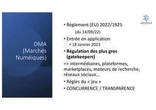 DMA
(Marchés
Numéiques)
• Règlement (EU) 2022/1925
(du 14/09/22)
• Entrée en application
• 18 Janvier 2023
• Régulation des plus gros
(gatekeepers)
=> intermédiaires, plateformes,
marketplaces, moteurs de recherche,
réseaux sociaux…
• Règles du « jeu »
• CONCURRENCE / TRANSPARENCE
 