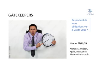 GATEKEEPERS
Liste au 06/09/23
Alphabet, Amazon,
Apple, ByteDance,
Meta and Microsoft.
Respectent-ils
leurs
obligations vis-
à-vis de vous ?
 