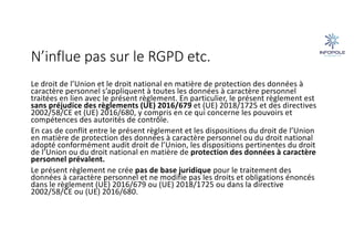N’influe pas sur le RGPD etc.
Le droit de l’Union et le droit national en matière de protection des données à
caractère personnel s’appliquent à toutes les données à caractère personnel
traitées en lien avec le présent règlement. En particulier, le présent règlement est
sans préjudice des règlements (UE) 2016/679 et (UE) 2018/1725 et des directives
2002/58/CE et (UE) 2016/680, y compris en ce qui concerne les pouvoirs et
compétences des autorités de contrôle.
En cas de conflit entre le présent règlement et les dispositions du droit de l’Union
en matière de protection des données à caractère personnel ou du droit national
adopté conformément audit droit de l’Union, les dispositions pertinentes du droit
de l’Union ou du droit national en matière de protection des données à caractère
personnel prévalent.
Le présent règlement ne crée pas de base juridique pour le traitement des
données à caractère personnel et ne modifie pas les droits et obligations énoncés
dans le règlement (UE) 2016/679 ou (UE) 2018/1725 ou dans la directive
2002/58/CE ou (UE) 2016/680.
 