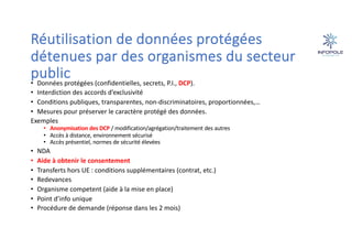 Réutilisation de données protégées
détenues par des organismes du secteur
public
• Données protégées (confidentielles, secrets, P.I., DCP).
• Interdiction des accords d’exclusivité
• Conditions publiques, transparentes, non-discriminatoires, proportionnées,…
• Mesures pour préserver le caractère protégé des données.
Exemples
• Anonymisation des DCP / modification/agrégation/traitement des autres
• Accès à distance, environnement sécurisé
• Accès présentiel, normes de sécurité élevées
• NDA
• Aide à obtenir le consentement
• Transferts hors UE : conditions supplémentaires (contrat, etc.)
• Redevances
• Organisme competent (aide à la mise en place)
• Point d’info unique
• Procédure de demande (réponse dans les 2 mois)
 