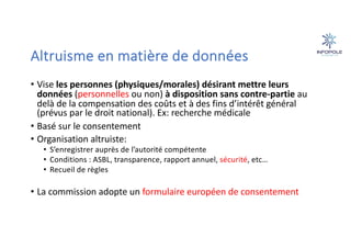 Altruisme en matière de données
• Vise les personnes (physiques/morales) désirant mettre leurs
données (personnelles ou non) à disposition sans contre-partie au
delà de la compensation des coûts et à des fins d’intérêt général
(prévus par le droit national). Ex: recherche médicale
• Basé sur le consentement
• Organisation altruiste:
• S’enregistrer auprès de l’autorité compétente
• Conditions : ASBL, transparence, rapport annuel, sécurité, etc…
• Recueil de règles
• La commission adopte un formulaire européen de consentement
 