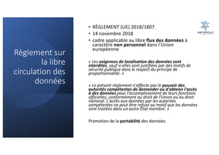 Règlement sur
la libre
circulation des
données
• RÈGLEMENT (UE) 2018/1807
• 14 novembre 2018
• cadre applicable au libre flux des données à
caractère non personnel dans l'Union
européenne
« Les exigences de localisation des données sont
interdites, sauf si elles sont justifiées par des motifs de
sécurité publique dans le respect du principe de
proportionnalité. »
« Le présent règlement n'affecte pas le pouvoir des
autorités compétentes de demander ou d'obtenir l'accès
à des données pour l'accomplissement de leurs fonctions
officielles, conformément au droit de l'Union ou au droit
national. L'accès aux données par les autorités
compétentes ne peut être refusé au motif que les données
sont traitées dans un autre État membre. »
Promotion de la portabilité des données.
 