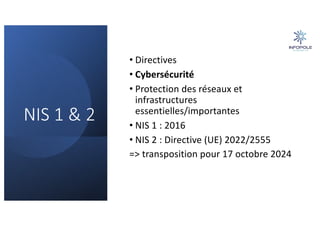 NIS 1 & 2
• Directives
• Cybersécurité
• Protection des réseaux et
infrastructures
essentielles/importantes
• NIS 1 : 2016
• NIS 2 : Directive (UE) 2022/2555
=> transposition pour 17 octobre 2024
 