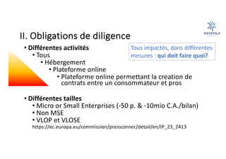 II. Obligations de diligence
• Différentes activités
• Tous
• Hébergement
• Plateforme online
• Plateforme online permettant la creation de
contrats entre un consommateur et pros
• Différentes tailles
• Micro or Small Enterprises (-50 p. & -10mio C.A./bilan)
• Non MSE
• VLOP et VLOSE
https://ec.europa.eu/commission/presscorner/detail/en/IP_23_2413
Tous impactés, dans différentes
mesures : qui doit faire quoi?
 