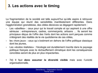 3. Les actions avec le timing
La fragmentation de la société est telle aujourd’hui qu’elle aspire à retrouver
une équipe qui réunit des sensibilités manifestement différentes. Dans
l’agglomération grenobloise, des cibles décisives se dégagent rapidement :
- Les «abeilles» : ceux pour qui le travail compte et qui aspirent à une offre
sérieuse : entrepreneurs, cadres, commerçants, artisans … Ils seront les
principaux déçus de l’offre des Verts dont les actions sont perçues comme
s’éloignant des réalités de la vie quotidienne de ces cibles,
- les «hors jeux» : ceux qui s’estiment en dehors de l’offre politique classique
dont les jeunes,
- Les «écolos réalistes» : l’écologie est durablement inscrite dans le paysage
politique français avec le réchauffement climatique dont les conséquences
concrètes seront de plus en plus impactantes.
• 7d) Il faut donc assumer la diversité visible mais avec l’unicité
organisationnelle.
Denis Bonzy – Organisation Club 20
Février 2016
 