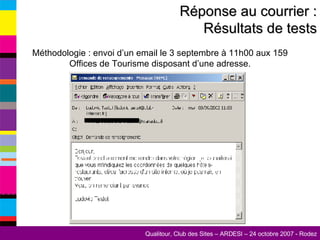 Réponse au courrier : Résultats de tests Méthodologie : envoi d’un email le 3 septembre à 11h00 aux 159 Offices de Tourisme disposant d’une adresse. 1 