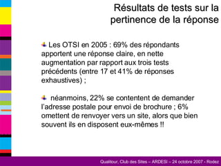 Résultats de tests sur la pertinence de la réponse Les OTSI en 2005 : 69% des répondants apportent une réponse claire, en nette augmentation par rapport aux trois tests précédents (entre 17 et 41% de réponses exhaustives) ; néanmoins, 22% se contentent de demander l’adresse postale pour envoi de brochure ; 6% omettent de renvoyer vers un site, alors que bien souvent ils en disposent eux-mêmes !! 