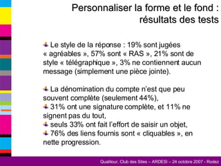 Personnaliser la forme et le fond : résultats des tests Le style de la réponse : 19% sont jugées « agréables », 57% sont « RAS », 21% sont de style « télégraphique », 3% ne contiennent aucun message (simplement une pièce jointe). La dénomination du compte n’est que peu souvent complète (seulement 44%), 31% ont une signature complète, et 11% ne signent pas du tout, seuls 33% ont fait l’effort de saisir un objet, 76% des liens fournis sont « cliquables », en nette progression. 