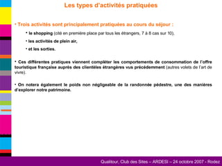 Les types d’activités pratiquées Trois activités sont principalement pratiquées au cours du séjour :  le shopping  (cité en première place par tous les étrangers, 7 à 8 cas sur 10), les activités de plein air, et les sorties.  Ces différentes pratiques viennent compléter les comportements de consommation de l’offre touristique française auprès des clientèles étrangères vus précédemment  (autres volets de l’art de vivre). On notera également le poids non négligeable de la randonnée pédestre, une des manières d’explorer notre patrimoine. 