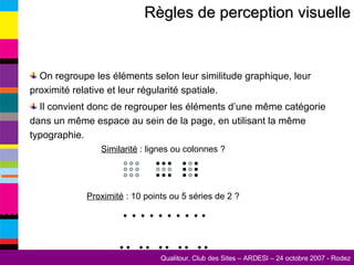 Règles de perception visuelle On regroupe les éléments selon leur similitude graphique, leur proximité relative et leur régularité spatiale. Il convient donc de regrouper les éléments d’une même catégorie dans un même espace au sein de la page, en utilisant la même typographie. ……… . .. .. .. .. .. Similarité  : lignes ou colonnes ? Proximité  : 10 points ou 5 séries de 2 ? 