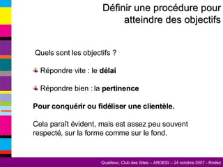 Définir une procédure pour atteindre des objectifs Quels sont les objectifs ? Répondre vite : le  délai Répondre bien : la  pertinence Pour conquérir ou fidéliser une clientèle. Cela paraît évident, mais est assez peu souvent respecté, sur la forme comme sur le fond. 