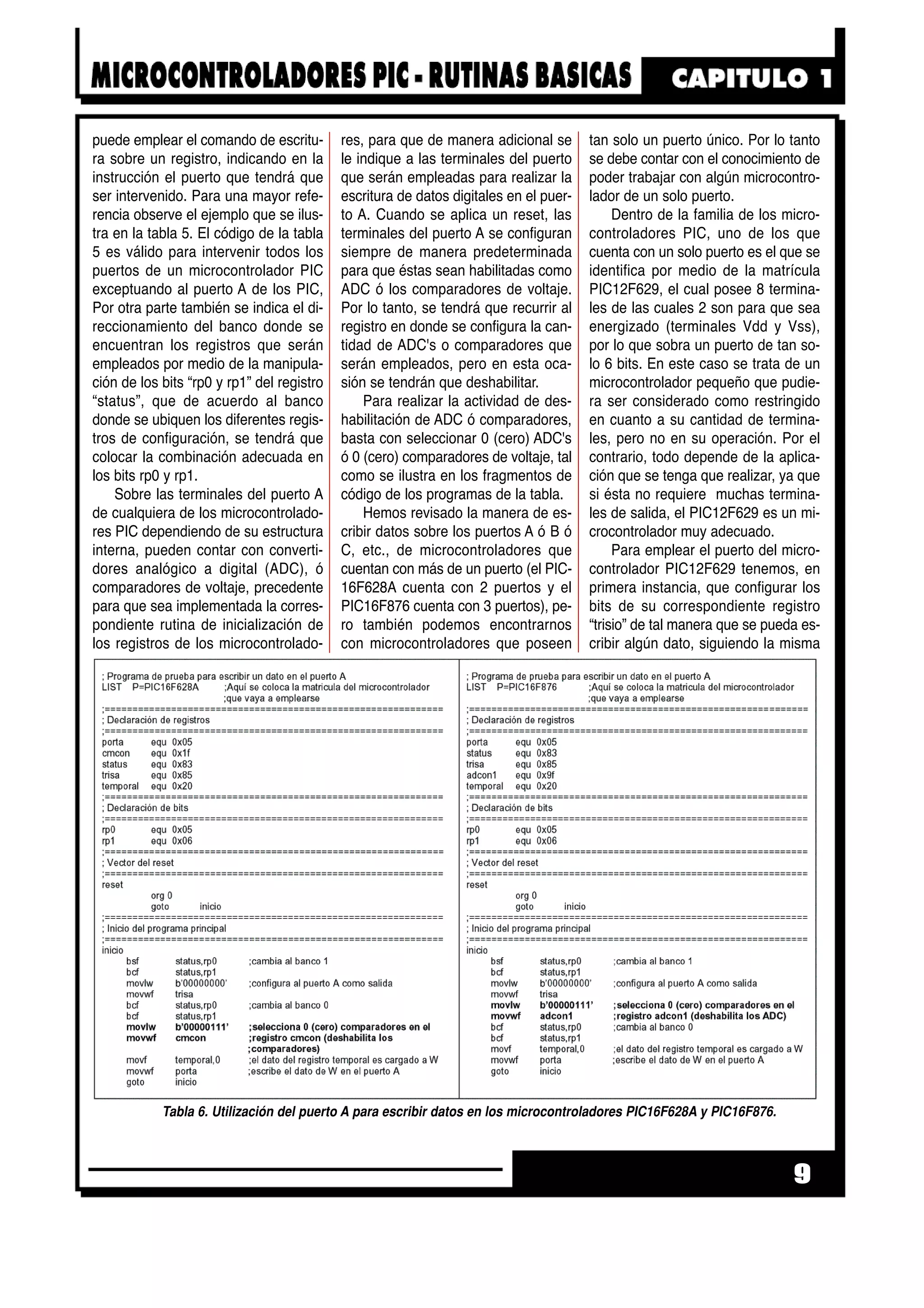 puede emplear el comando de escritu-
ra sobre un registro, indicando en la
instrucción el puerto que tendrá que
ser intervenido. Para una mayor refe-
rencia observe el ejemplo que se ilus-
tra en la tabla 5. El código de la tabla
5 es válido para intervenir todos los
puertos de un microcontrolador PIC
exceptuando al puerto A de los PIC,
Por otra parte también se indica el di-
reccionamiento del banco donde se
encuentran los registros que serán
empleados por medio de la manipula-
ción de los bits “rp0 y rp1” del registro
“status”, que de acuerdo al banco
donde se ubiquen los diferentes regis-
tros de configuración, se tendrá que
colocar la combinación adecuada en
los bits rp0 y rp1.
Sobre las terminales del puerto A
de cualquiera de los microcontrolado-
res PIC dependiendo de su estructura
interna, pueden contar con converti-
dores analógico a digital (ADC), ó
comparadores de voltaje, precedente
para que sea implementada la corres-
pondiente rutina de inicialización de
los registros de los microcontrolado-
res, para que de manera adicional se
le indique a las terminales del puerto
que serán empleadas para realizar la
escritura de datos digitales en el puer-
to A. Cuando se aplica un reset, las
terminales del puerto A se configuran
siempre de manera predeterminada
para que éstas sean habilitadas como
ADC ó los comparadores de voltaje.
Por lo tanto, se tendrá que recurrir al
registro en donde se configura la can-
tidad de ADC's o comparadores que
serán empleados, pero en esta oca-
sión se tendrán que deshabilitar.
Para realizar la actividad de des-
habilitación de ADC ó comparadores,
basta con seleccionar 0 (cero) ADC's
ó 0 (cero) comparadores de voltaje, tal
como se ilustra en los fragmentos de
código de los programas de la tabla.
Hemos revisado la manera de es-
cribir datos sobre los puertos A ó B ó
C, etc., de microcontroladores que
cuentan con más de un puerto (el PIC-
16F628A cuenta con 2 puertos y el
PIC16F876 cuenta con 3 puertos), pe-
ro también podemos encontrarnos
con microcontroladores que poseen
tan solo un puerto único. Por lo tanto
se debe contar con el conocimiento de
poder trabajar con algún microcontro-
lador de un solo puerto.
Dentro de la familia de los micro-
controladores PIC, uno de los que
cuenta con un solo puerto es el que se
identifica por medio de la matrícula
PIC12F629, el cual posee 8 termina-
les de las cuales 2 son para que sea
energizado (terminales Vdd y Vss),
por lo que sobra un puerto de tan so-
lo 6 bits. En este caso se trata de un
microcontrolador pequeño que pudie-
ra ser considerado como restringido
en cuanto a su cantidad de termina-
les, pero no en su operación. Por el
contrario, todo depende de la aplica-
ción que se tenga que realizar, ya que
si ésta no requiere muchas termina-
les de salida, el PIC12F629 es un mi-
crocontrolador muy adecuado.
Para emplear el puerto del micro-
controlador PIC12F629 tenemos, en
primera instancia, que configurar los
bits de su correspondiente registro
“trisio” de tal manera que se pueda es-
cribir algún dato, siguiendo la misma
9
Tabla 6. Utilización del puerto A para escribir datos en los microcontroladores PIC16F628A y PIC16F876.
 