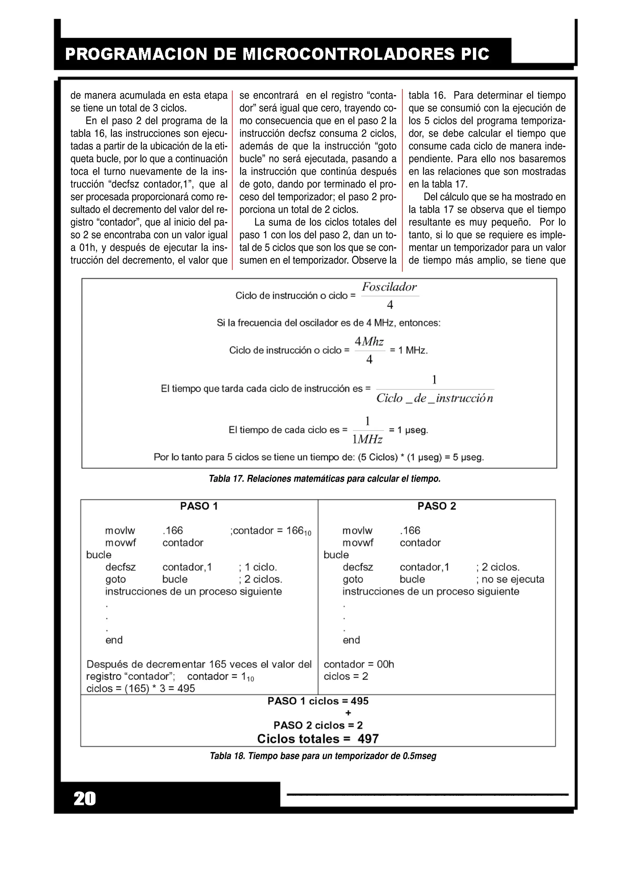 de manera acumulada en esta etapa
se tiene un total de 3 ciclos.
En el paso 2 del programa de la
tabla 16, las instrucciones son ejecu-
tadas a partir de la ubicación de la eti-
queta bucle, por lo que a continuación
toca el turno nuevamente de la ins-
trucción “decfsz contador,1”, que al
ser procesada proporcionará como re-
sultado el decremento del valor del re-
gistro “contador”, que al inicio del pa-
so 2 se encontraba con un valor igual
a 01h, y después de ejecutar la ins-
trucción del decremento, el valor que
se encontrará en el registro “conta-
dor” será igual que cero, trayendo co-
mo consecuencia que en el paso 2 la
instrucción decfsz consuma 2 ciclos,
además de que la instrucción “goto
bucle” no será ejecutada, pasando a
la instrucción que continúa después
de goto, dando por terminado el pro-
ceso del temporizador; el paso 2 pro-
porciona un total de 2 ciclos.
La suma de los ciclos totales del
paso 1 con los del paso 2, dan un to-
tal de 5 ciclos que son los que se con-
sumen en el temporizador. Observe la
tabla 16. Para determinar el tiempo
que se consumió con la ejecución de
los 5 ciclos del programa temporiza-
dor, se debe calcular el tiempo que
consume cada ciclo de manera inde-
pendiente. Para ello nos basaremos
en las relaciones que son mostradas
en la tabla 17.
Del cálculo que se ha mostrado en
la tabla 17 se observa que el tiempo
resultante es muy pequeño. Por lo
tanto, si lo que se requiere es imple-
mentar un temporizador para un valor
de tiempo más amplio, se tiene que
20
Tabla 18. Tiempo base para un temporizador de 0.5mseg
Tabla 17. Relaciones matemáticas para calcular el tiempo.
 