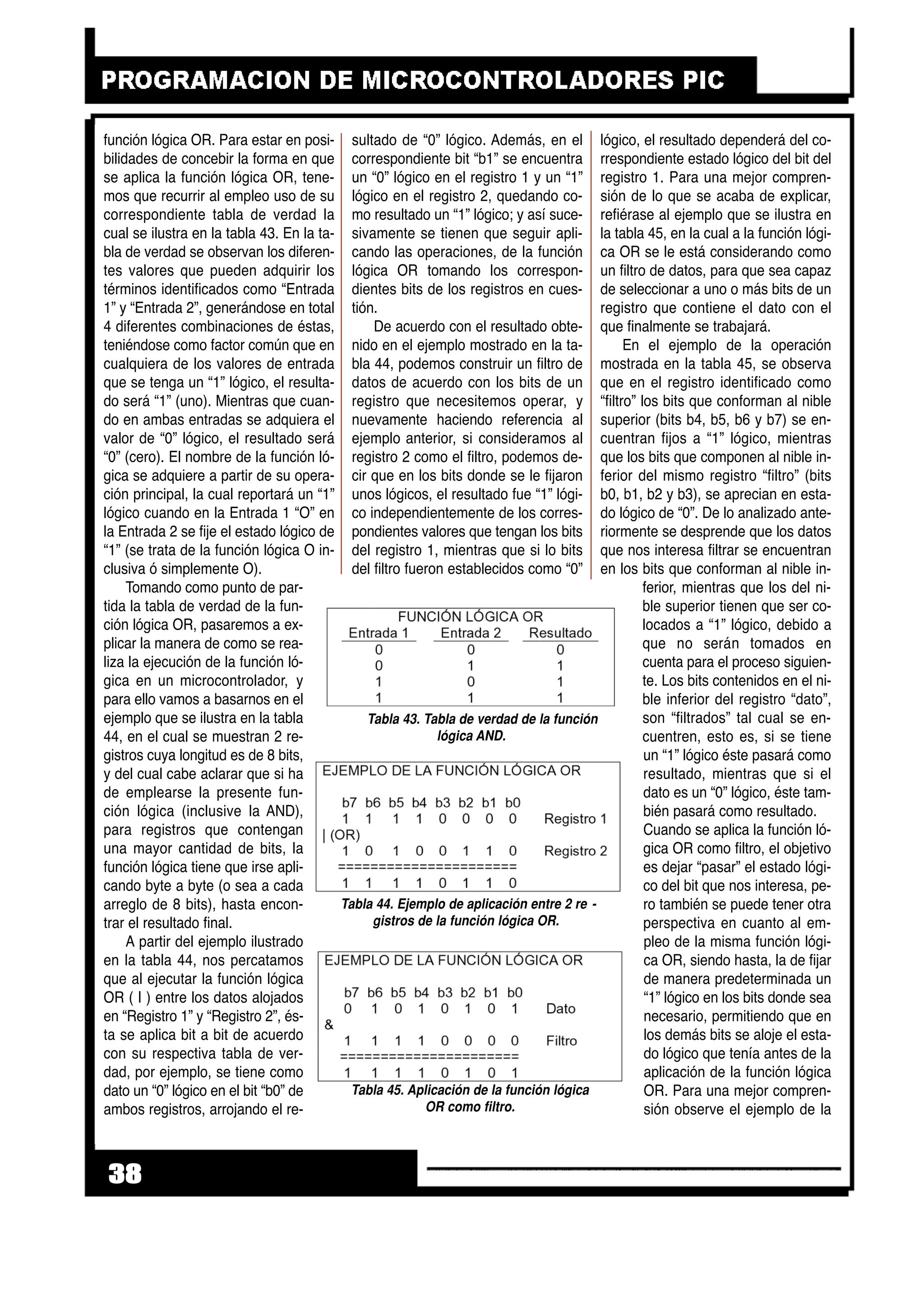 función lógica OR. Para estar en posi-
bilidades de concebir la forma en que
se aplica la función lógica OR, tene-
mos que recurrir al empleo uso de su
correspondiente tabla de verdad la
cual se ilustra en la tabla 43. En la ta-
bla de verdad se observan los diferen-
tes valores que pueden adquirir los
términos identificados como “Entrada
1” y “Entrada 2”, generándose en total
4 diferentes combinaciones de éstas,
teniéndose como factor común que en
cualquiera de los valores de entrada
que se tenga un “1” lógico, el resulta-
do será “1” (uno). Mientras que cuan-
do en ambas entradas se adquiera el
valor de “0” lógico, el resultado será
“0” (cero). El nombre de la función ló-
gica se adquiere a partir de su opera-
ción principal, la cual reportará un “1”
lógico cuando en la Entrada 1 “O” en
la Entrada 2 se fije el estado lógico de
“1” (se trata de la función lógica O in-
clusiva ó simplemente O).
Tomando como punto de par-
tida la tabla de verdad de la fun-
ción lógica OR, pasaremos a ex-
plicar la manera de como se rea-
liza la ejecución de la función ló-
gica en un microcontrolador, y
para ello vamos a basarnos en el
ejemplo que se ilustra en la tabla
44, en el cual se muestran 2 re-
gistros cuya longitud es de 8 bits,
y del cual cabe aclarar que si ha
de emplearse la presente fun-
ción lógica (inclusive la AND),
para registros que contengan
una mayor cantidad de bits, la
función lógica tiene que irse apli-
cando byte a byte (o sea a cada
arreglo de 8 bits), hasta encon-
trar el resultado final.
A partir del ejemplo ilustrado
en la tabla 44, nos percatamos
que al ejecutar la función lógica
OR ( | ) entre los datos alojados
en “Registro 1” y “Registro 2”, és-
ta se aplica bit a bit de acuerdo
con su respectiva tabla de ver-
dad, por ejemplo, se tiene como
dato un “0” lógico en el bit “b0” de
ambos registros, arrojando el re-
sultado de “0” lógico. Además, en el
correspondiente bit “b1” se encuentra
un “0” lógico en el registro 1 y un “1”
lógico en el registro 2, quedando co-
mo resultado un “1” lógico; y así suce-
sivamente se tienen que seguir apli-
cando las operaciones, de la función
lógica OR tomando los correspon-
dientes bits de los registros en cues-
tión.
De acuerdo con el resultado obte-
nido en el ejemplo mostrado en la ta-
bla 44, podemos construir un filtro de
datos de acuerdo con los bits de un
registro que necesitemos operar, y
nuevamente haciendo referencia al
ejemplo anterior, si consideramos al
registro 2 como el filtro, podemos de-
cir que en los bits donde se le fijaron
unos lógicos, el resultado fue “1” lógi-
co independientemente de los corres-
pondientes valores que tengan los bits
del registro 1, mientras que si lo bits
del filtro fueron establecidos como “0”
lógico, el resultado dependerá del co-
rrespondiente estado lógico del bit del
registro 1. Para una mejor compren-
sión de lo que se acaba de explicar,
refiérase al ejemplo que se ilustra en
la tabla 45, en la cual a la función lógi-
ca OR se le está considerando como
un filtro de datos, para que sea capaz
de seleccionar a uno o más bits de un
registro que contiene el dato con el
que finalmente se trabajará.
En el ejemplo de la operación
mostrada en la tabla 45, se observa
que en el registro identificado como
“filtro” los bits que conforman al nible
superior (bits b4, b5, b6 y b7) se en-
cuentran fijos a “1” lógico, mientras
que los bits que componen al nible in-
ferior del mismo registro “filtro” (bits
b0, b1, b2 y b3), se aprecian en esta-
do lógico de “0”. De lo analizado ante-
riormente se desprende que los datos
que nos interesa filtrar se encuentran
en los bits que conforman al nible in-
ferior, mientras que los del ni-
ble superior tienen que ser co-
locados a “1” lógico, debido a
que no serán tomados en
cuenta para el proceso siguien-
te. Los bits contenidos en el ni-
ble inferior del registro “dato”,
son “filtrados” tal cual se en-
cuentren, esto es, si se tiene
un “1” lógico éste pasará como
resultado, mientras que si el
dato es un “0” lógico, éste tam-
bién pasará como resultado.
Cuando se aplica la función ló-
gica OR como filtro, el objetivo
es dejar “pasar” el estado lógi-
co del bit que nos interesa, pe-
ro también se puede tener otra
perspectiva en cuanto al em-
pleo de la misma función lógi-
ca OR, siendo hasta, la de fijar
de manera predeterminada un
“1” lógico en los bits donde sea
necesario, permitiendo que en
los demás bits se aloje el esta-
do lógico que tenía antes de la
aplicación de la función lógica
OR. Para una mejor compren-
sión observe el ejemplo de la
38
Tabla 43. Tabla de verdad de la función
lógica AND.
Tabla 44. Ejemplo de aplicación entre 2 re -
gistros de la función lógica OR.
Tabla 45. Aplicación de la función lógica
OR como filtro.
 
