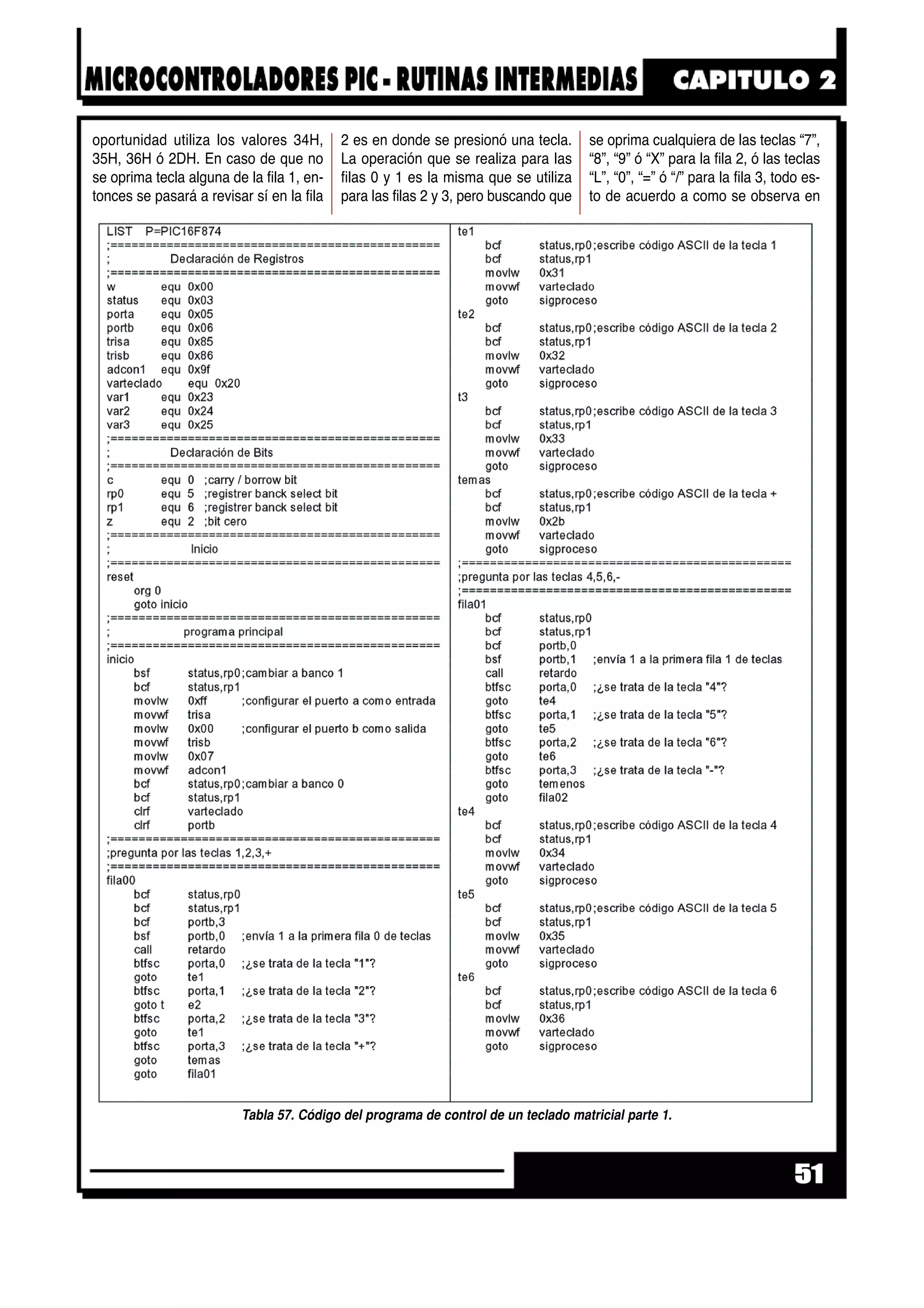 oportunidad utiliza los valores 34H,
35H, 36H ó 2DH. En caso de que no
se oprima tecla alguna de la fila 1, en-
tonces se pasará a revisar sí en la fila
2 es en donde se presionó una tecla.
La operación que se realiza para las
filas 0 y 1 es la misma que se utiliza
para las filas 2 y 3, pero buscando que
se oprima cualquiera de las teclas “7”,
“8”, “9” ó “X” para la fila 2, ó las teclas
“L”, “0”, “=” ó “/” para la fila 3, todo es-
to de acuerdo a como se observa en
51
Tabla 57. Código del programa de control de un teclado matricial parte 1.
 