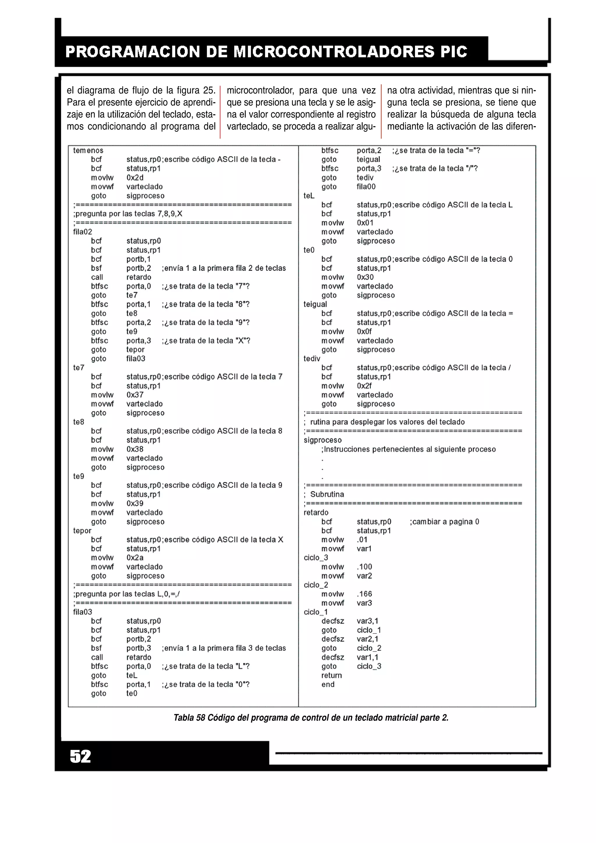 el diagrama de flujo de la figura 25.
Para el presente ejercicio de aprendi-
zaje en la utilización del teclado, esta-
mos condicionando al programa del
microcontrolador, para que una vez
que se presiona una tecla y se le asig-
na el valor correspondiente al registro
varteclado, se proceda a realizar algu-
na otra actividad, mientras que si nin-
guna tecla se presiona, se tiene que
realizar la búsqueda de alguna tecla
mediante la activación de las diferen-
52
Tabla 58 Código del programa de control de un teclado matricial parte 2.
 