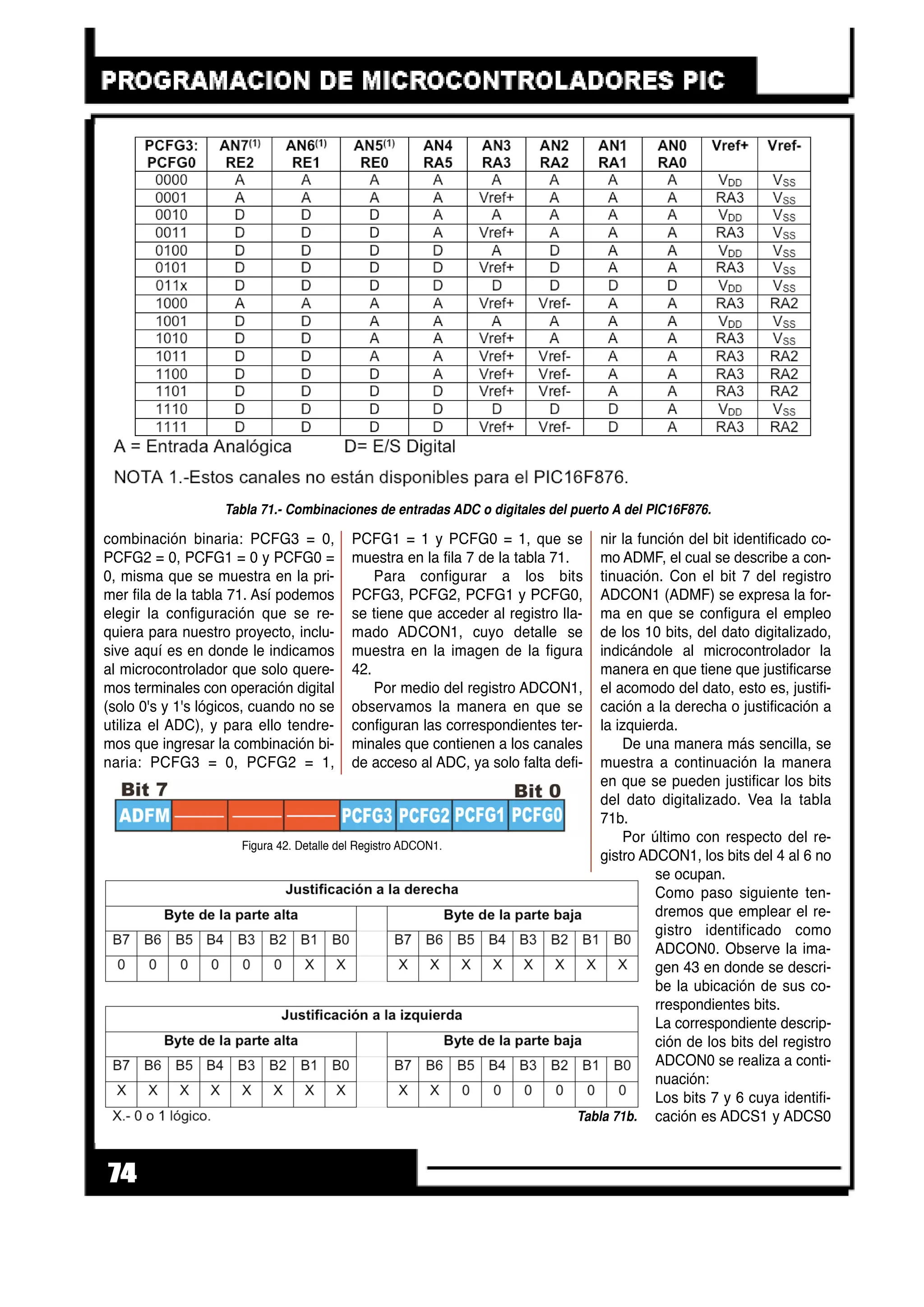 combinación binaria: PCFG3 = 0,
PCFG2 = 0, PCFG1 = 0 y PCFG0 =
0, misma que se muestra en la pri-
mer fila de la tabla 71. Así podemos
elegir la configuración que se re-
quiera para nuestro proyecto, inclu-
sive aquí es en donde le indicamos
al microcontrolador que solo quere-
mos terminales con operación digital
(solo 0's y 1's lógicos, cuando no se
utiliza el ADC), y para ello tendre-
mos que ingresar la combinación bi-
naria: PCFG3 = 0, PCFG2 = 1,
PCFG1 = 1 y PCFG0 = 1, que se
muestra en la fila 7 de la tabla 71.
Para configurar a los bits
PCFG3, PCFG2, PCFG1 y PCFG0,
se tiene que acceder al registro lla-
mado ADCON1, cuyo detalle se
muestra en la imagen de la figura
42.
Por medio del registro ADCON1,
observamos la manera en que se
configuran las correspondientes ter-
minales que contienen a los canales
de acceso al ADC, ya solo falta defi-
nir la función del bit identificado co-
mo ADMF, el cual se describe a con-
tinuación. Con el bit 7 del registro
ADCON1 (ADMF) se expresa la for-
ma en que se configura el empleo
de los 10 bits, del dato digitalizado,
indicándole al microcontrolador la
manera en que tiene que justificarse
el acomodo del dato, esto es, justifi-
cación a la derecha o justificación a
la izquierda.
De una manera más sencilla, se
muestra a continuación la manera
en que se pueden justificar los bits
del dato digitalizado. Vea la tabla
71b.
Por último con respecto del re-
gistro ADCON1, los bits del 4 al 6 no
se ocupan.
Como paso siguiente ten-
dremos que emplear el re-
gistro identificado como
ADCON0. Observe la ima-
gen 43 en donde se descri-
be la ubicación de sus co-
rrespondientes bits.
La correspondiente descrip-
ción de los bits del registro
ADCON0 se realiza a conti-
nuación:
Los bits 7 y 6 cuya identifi-
cación es ADCS1 y ADCS0
74
Tabla 71b.
Figura 42. Detalle del Registro ADCON1.
Tabla 71.- Combinaciones de entradas ADC o digitales del puerto A del PIC16F876.
 