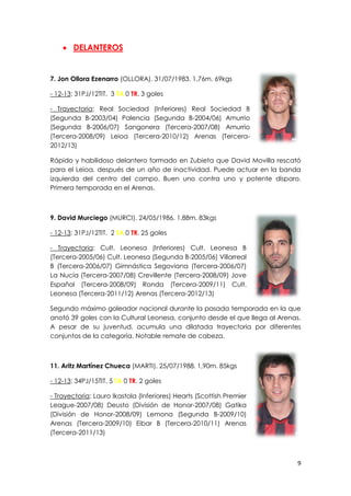 9
 DELANTEROS
7. Jon Ollora Ezenarro (OLLORA). 31/07/1983. 1,76m. 69kgs
- 12-13: 31PJ/12TIT. 3 TA 0 TR. 3 goles
- Trayectoria: Real Sociedad (Inferiores) Real Sociedad B
(Segunda B-2003/04) Palencia (Segunda B-2004/06) Amurrio
(Segunda B-2006/07) Sangonera (Tercera-2007/08) Amurrio
(Tercera-2008/09) Leioa (Tercera-2010/12) Arenas (Tercera-
2012/13)
Rápido y habilidoso delantero formado en Zubieta que David Movilla rescató
para el Leioa, después de un año de inactividad. Puede actuar en la banda
izquierda del centro del campo. Buen uno contra uno y potente disparo.
Primera temporada en el Arenas.
9. David Murciego (MURCI). 24/05/1986. 1,88m. 83kgs
- 12-13: 31PJ/12TIT. 2 TA 0 TR. 25 goles
- Trayectoria: Cult. Leonesa (Inferiores) Cult. Leonesa B
(Tercera-2005/06) Cult. Leonesa (Segunda B-2005/06) Villarreal
B (Tercera-2006/07) Gimnástica Segoviana (Tercera-2006/07)
La Nucía (Tercera-2007/08) Crevillente (Tercera-2008/09) Jove
Español (Tercera-2008/09) Ronda (Tercera-2009/11) Cult.
Leonesa (Tercera-2011/12) Arenas (Tercera-2012/13)
Segundo máximo goleador nacional durante la pasada temporada en la que
anotó 39 goles con la Cultural Leonesa, conjunto desde el que llega al Arenas.
A pesar de su juventud, acumula una dilatada trayectoria por diferentes
conjuntos de la categoría. Notable remate de cabeza.
11. Aritz Martínez Chueca (MARTI). 25/07/1988. 1,90m. 85kgs
- 12-13: 34PJ/15TIT. 5 TA 0 TR. 2 goles
- Trayectoria: Lauro Ikastola (Inferiores) Hearts (Scottish Premier
League-2007/08) Deusto (División de Honor-2007/08) Gatika
(División de Honor-2008/09) Lemona (Segunda B-2009/10)
Arenas (Tercera-2009/10) Eibar B (Tercera-2010/11) Arenas
(Tercera-2011/13)
 