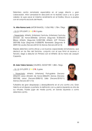 10
Delantero centro rematador especialista en el juego directo y gran
cabeceador. Aitor Larrazabal le descubrió en la ikastola Lauro y es su gran
valedor, le supo sacar el máximo rendimiento en el Gatika. Estuvo a prueba
con el conjunto escocés del Hearts.
16. Aitor Ramos Leniz (AITOR RAMOS). 11/06/1985. 1,78m. 73kgs
- 12-13: 27PJ/24TIT. 5 TA 0 TR. 8 goles
- Trayectoria: Athletic (Inferiores) Santutxu (Inferiores) Santutxu
(División de Honor-2004/06) Lemona (Segunda B-2006/07)
Bilbao Athletic (Segunda B-2007/08) Athletic (LFP Primera-
2007/08) Ecija (Segunda B-2008/09) Barakaldo (Segunda B-
2009/10) Laudio (Tercera-2010/12) Arenas (Tercera-2012/13)
Rápido delantero centro eficaz y con buenas capacidades rematadoras, que
destacó en las filas del Santutxu, conjunto con el que firmó el ascenso a
Tercera. Llegó a debutar en Primera con el Athletic de la mano de Joaquín
Caparrós.
22. Asier Valero Serrano (VALERO). 03/0471987. 1,88m. 76kgs.
- 12- 13: 31PJ/29TIT. 2 TA 0 TR. 5 goles
- Trayectoria: Athletic (Inferiores) Portugalete (Tercera-
2006/07) Leioa (División de Honor-2006/07) Arenas (Tercera-
2007/08) Leioa (Tercera-2008/10) Zalla (Tercera-2010/11)
Arenas (Tercera-2011/13)
Futbolista de gran desparpajo y desequilibrante en el uno contra uno. Gran
talento en el disparo a portería, la definición con su pierna izquierda es otra de
sus virtudes. Puede jugar de media punta, en banda izquierda o como
delantero centro.
 