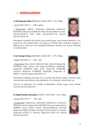 6
 CENTROCAMPISTAS
2. Aritz Requejo Aldai (REQUEJO). 20/07/1990. 1,77m. 80kgs
- 12-13: 24PJ/14TIT. 3 TA 0 TR. 0 goles
- Trayectoria: Athletic (Inferiores) Barakaldo (Inferiores)
Barakaldo (Segunda B-2008/10) Zalla (Tercera-2009/10) Leioa
(Tercera-2010/11) Siete Villas (Tercera-2011/12) Arenas
(Tercera-2012/13)
Polivalente futbolista de banda que puede jugar como lateral derecho o en
posiciones más adelantadas. Tras jugar en el Siete Villas cántabro, regresa a
Bizkaia de la mano de Javi González Etxebarria, técnico con el que coincidió
en el Barakaldo.
4. Ian Uranga Chong (URANGA). 22/06/1987. 1,77m. 75kgs
- 12/13: 36PJ/35TIT. 5 TA 0 TR. 1 gol
- Trayectoria: Dep. Alavés (Inferiores) Dep. Alavés B (Segunda
B-2005/06) Dep. Alavés (LFP Segunda-2006/07) Barakaldo
(Segunda B-2006/07) Real Unión (Segunda B-2007/08)
Lemona (Segunda B-2008/09) Barakaldo (Segunda B-
2009/11) Lemona (Segunda B-2011/12)
Polivalente futbolista formado en la cantera del Alavés. Llegó a formar parte
de la primera plantilla del club babazorro. Sin embargo, ante la falta de
minutos en Segunda fue cedido al Barakaldo. Puede jugar como lateral,
central o pivote defensivo.
8. Ángel Gándara González (CHOPI). 14/07/1985. 1,75m. 73kgs
- 12-13: 33PJ/31TIT. 9 TA 1 TR. 1 gol
- Trayectoria: Salamanca (Inferiores) Salamanca B (Tercera-
2005/07) Lemona (Segunda B-2007/08) Osasuna B (Segunda B-
2008/09) Santa Marta Tormes (Tercera-2009/10) Orihuela
(Segunda B-2009/10) Béjar Industrial (Tercera-2010/11) Guijuelo
(Segunda B-2010-11) Lemona (Segunda B-2011/12) Arenas
(Tercera-2012/13)
 