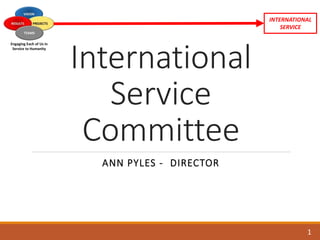 Engaging Each of Us in
Service to Humanity
11
International
Service
Committee
ANN PYLES - DIRECTOR
INTERNATIONAL
SERVICE
 