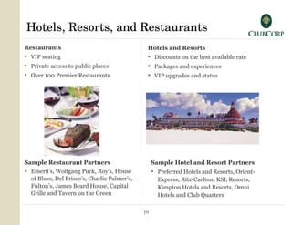 Hotels, Resorts, and Restaurants Sample Restaurant Partners Emeril’s, Wolfgang Puck, Roy’s, House of Blues, Del Frisco’s, Charlie Palmer’s, Fulton’s, James Beard House, Capital Grille and Tavern on the Green Sample Hotel and Resort Partners Preferred Hotels and Resorts, Orient-Express, Ritz-Carlton, KSL Resorts, Kimpton Hotels and Resorts, Omni Hotels and Club Quarters Restaurants VIP seating Private access to public places Over 100 Premier Restaurants   Hotels and Resorts Discounts on the best available rate Packages and experiences VIP upgrades and status 