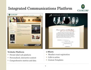 Integrated Communications Platform e-Blasts Member event registration Calls to action Custom Templates  Website Platform Private label web platform Personalized, interactive content Comprehensive metrics and data   