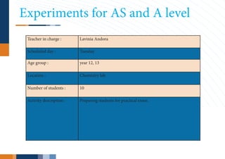 Experiments for AS and A level
 Teacher in charge :      Lavinia Andora

 Scheduled day :          Tuesday

 Age group :              year 12, 13

 Location :               Chemistry lab

 Number of students :     10

 Activity description :   Preparing students for practical exam.
 