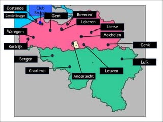 Oostende 
Club 
Brugge Cercle Brugge Beveren 
Waregem 
Bergen 
Charleroi 
Kortrijk 
Gent 
Lokeren 
Lierse 
Mechelen 
Luik 
Anderlecht 
Leuven 
Genk 
 