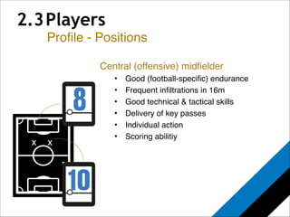 2.3 Players 
Profile - Positions 
x 
Central (offensive) midfielder! 
• Good (football-specific) endurance! 
• Frequent infiltrations in 16m! 
• Good technical & tactical skills! 
• Delivery of key passes! 
• Individual action! 
• Scoring abilitiy 
x 
 