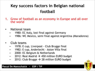 Key success factors in Belgian national 
football 
1. Grow of football as an economy in Europe and all over 
the world 
! 
• National team 
– 1980: EC Italy, lost final against Germany 
– 1986: WC Mexico, semi final against Argentina (Maradonna) 
! 
• Club teams 
– 1978: E cup, Liverpool - Club Brugge final 
– 1982: E cup, Anderlecht – Aston Villa final 
– 2000: EC Belgium & Netherlands 
– 2012: Real Madrid ! 450 million EURO budget 
– 2012: Club Brugge ! 28 million EURO budget 
Pascal De Maesschalck - EDP / TIP 
 